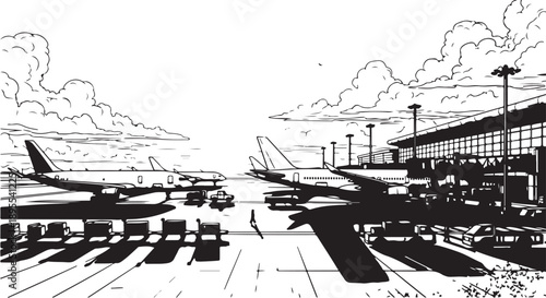 Dynamic Airport Scene with Commercial Airplanes and Terminal Building in Graphic Illustration Style