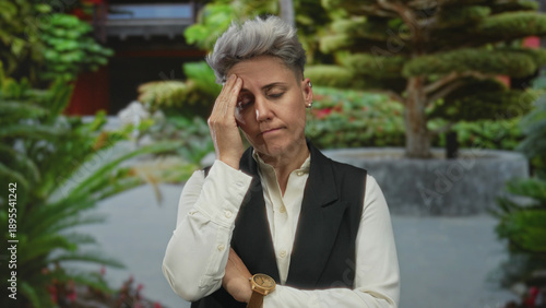Woman with short hair holds her forehead with hand in lush green garden courtyard beside stone planter; frustration.