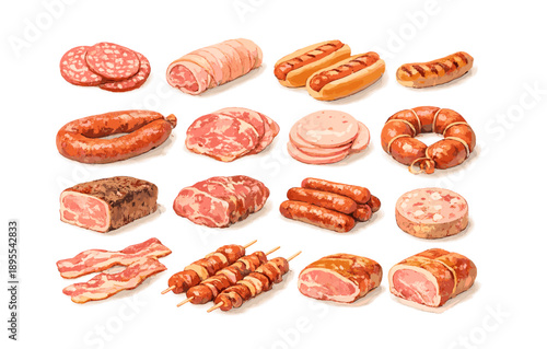 Assorted cured meats collection on white background