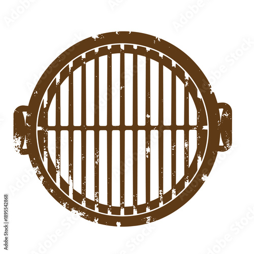 Vintage Grunge texture Grungy manhole cover with oval shape and metal grate on white background  sewer access lid with rusty texture