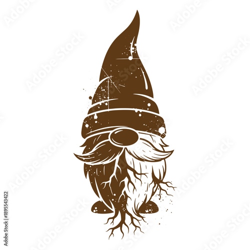 Vintage Grunge texture Illustration of a grumpy old gnome with a tree root growing from his beard