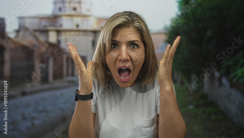 Fotografia Woman with mouth agape raising both hands and screaming on cobblestone street in front of old building; shock