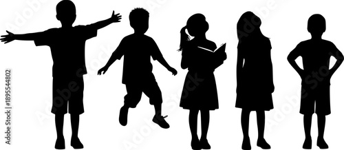 Group of children various poses standing in row vector silhouette 