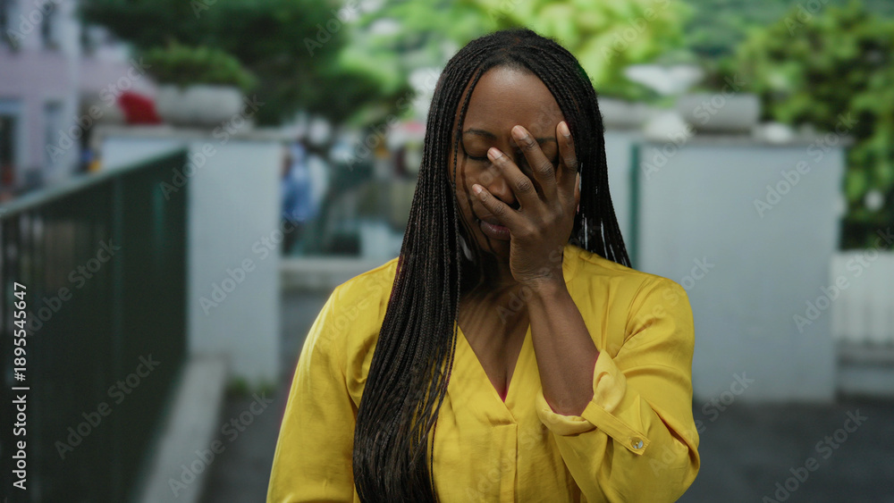 Fototapeta premium Woman wearing yellow shirt with braided hair stands with hand on face in urban outdoor setting with blurred background, conveying emotion and style.