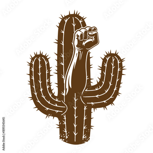 Vintage Grunge texture Cactus with thorns and one raised fist in a symbol of strength and resilience against desert landscape
