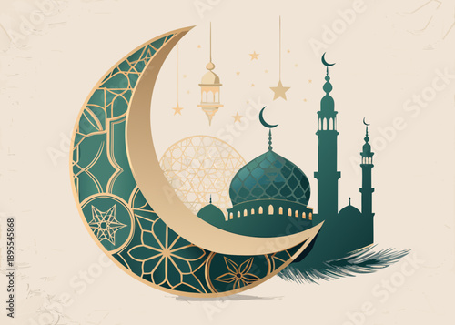 Elegant Ramadhan vector illustration featuring a crescent moon, mosque, and lanterns for Islamic celebrations