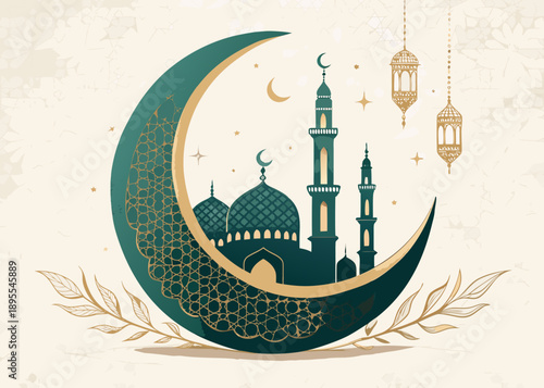 Abstract Ramadhan vector concept with a stylized crescent moon, majestic mosque silhouette, and festive lanterns, ideal for Islamic holy month greetings and celebratory design