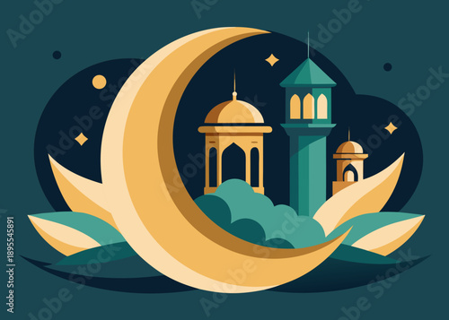 Ramadan Celebration Vector Illustration A Majestic Crescent Moon Over Islamic Architecture Under a Starry Night Sky