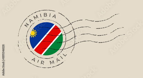 Namibia National Flag Displayed on a Distressed Circular Air Mail Postage Stamp, Vintage Travel Design.