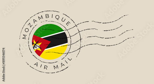 Official Vintage Mozambique Air Mail Postmark Stamp with National Flag and Grungy Cancellation Mark for Travel Communication.