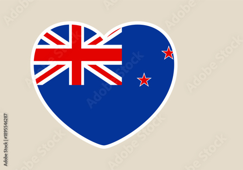 Vibrant New Zealand Flag illustration in a loving heart shape, symbolizing national pride and patriotism for the country.