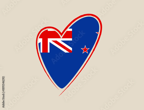 New Zealand Flag Expressed in a Vibrant Heart Shape, Illustrating Love and Patriotism for the Country with Brushstroke Outline.