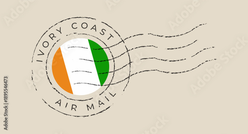 Ivory Coast Flag Inside a Grunge Round Air Mail Postmark, Representing International Communication and Travel with Retro, Authentic Feel.