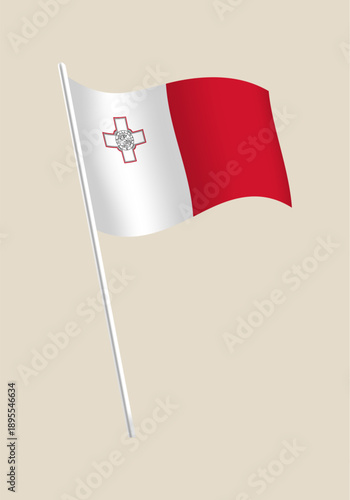 Official Malta National Flag Waving Gracefully on a Pole, Representing Sovereign Identity and Proud European Heritage, Clean Vector Art.