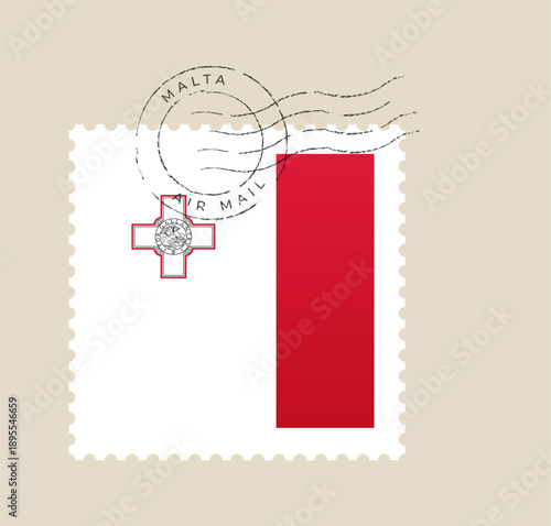 Malta National Flag Illustration on a Vintage Postage Stamp with Air Mail Postmark, Symbolizing European Travel and Communication.