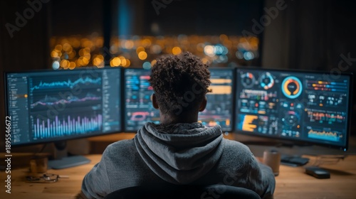 Focused individual analyzing data on multiple screens in modern workspace