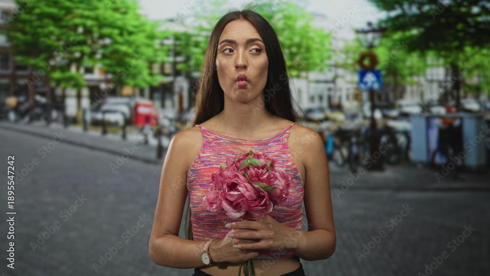 Fototapeta premium Young hispanic woman holding pink bouquet with hands on street puckers lips in fish face; playful curiosity.
