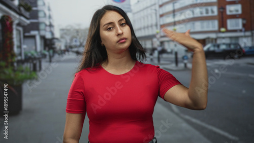 Young hispanic woman flips hand near head while standing on a city street by buildings and sidewalk; indifference urban life. Free Download Young hispanic woman flips hand near head while standing on a city street by buildings and sidewalk; indifference urban life. - GFXLoad