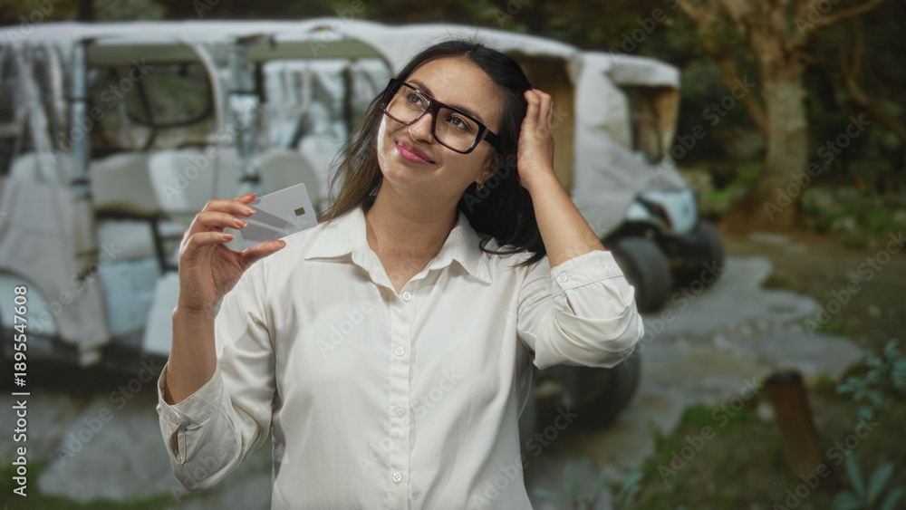 Fototapeta premium Woman wearing white shirt and glasses holds creditcard and touches hair in forest near parked golfcart and trees; financial doubt.