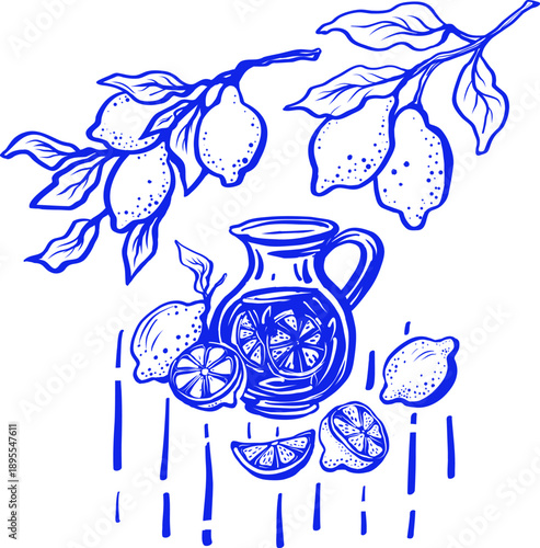 Sketch illustration of refreshing summer lemon drink in glass jug with sliced lemons and lemon branches.