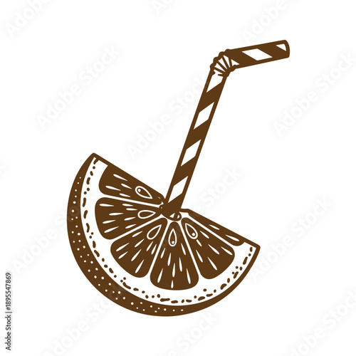 Vintage Grunge texture Illustration of a slice of citrus fruit with a straw  citrus fruit slice with straw