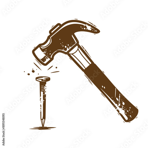 Vintage Grunge texture Sepia illustration of hammer hitting nail into ground with motion lines and grunge effect  construction and DIY tool