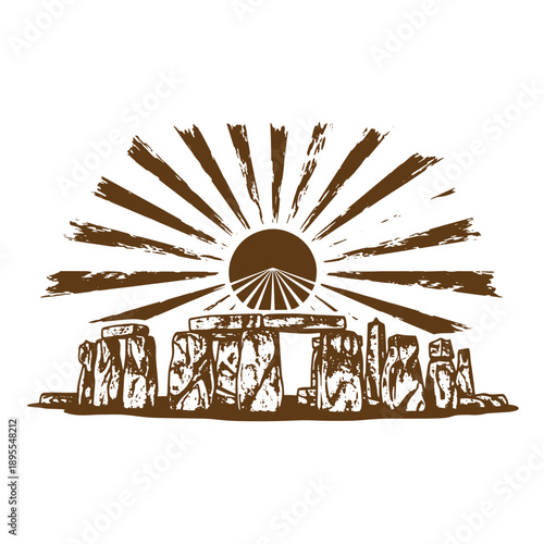 Vintage Grunge texture stonehenge monument with sun rising behind it in sepia tone on white background