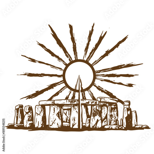 Vintage Grunge texture stonehenge monument with sun illustration