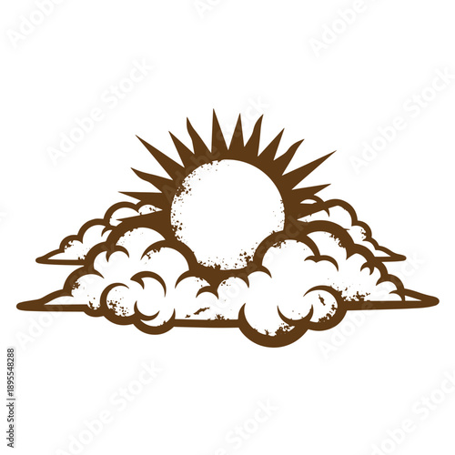 Vintage Grunge texture Sun rising behind fluffy white clouds in the sky with sun rays  sunny weather icon