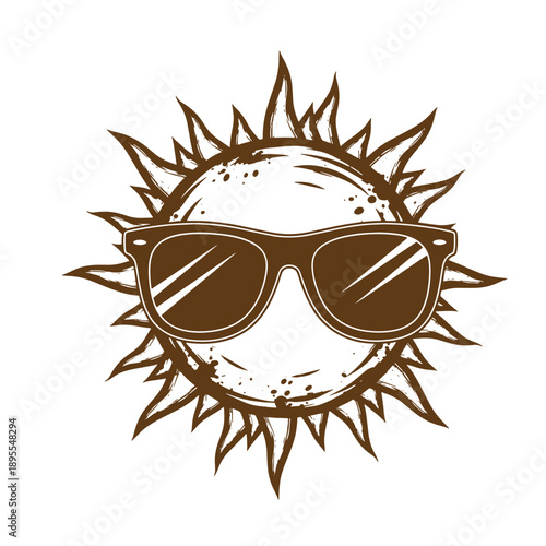 Vintage Grunge texture sun with sunglasses and spiky rays on face  funny illustration