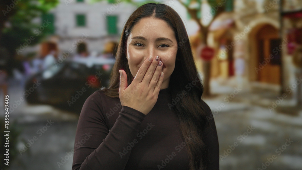 Fototapeta premium Woman covers mouth with hand while smiling at camera on a busy city street lined with historic buildings; playfulness and warmth.