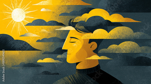 Minimal flat illustration, surreal man with clouds, sun and sky around his head, mental health concept, soft natural light, dark colors