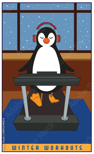 A cartoon penguin works out on a treadmill.