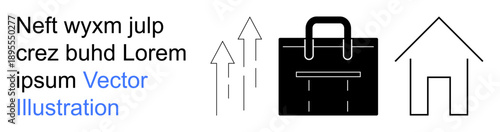 Business development, economic growth, work-life balance, real estate, career advancement, success. Black briefcase, arrows pointing up and house outline. Business development and growth concept