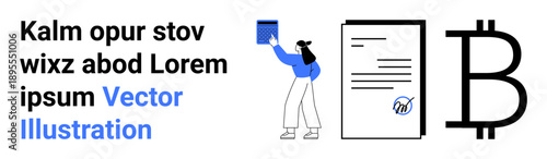 Cryptocurrency, blockchain, financial technology, digital currency, fintech applications, secure payment. Woman holding blockchain element near a document and Bitcoin symbol. Cryptocurrency