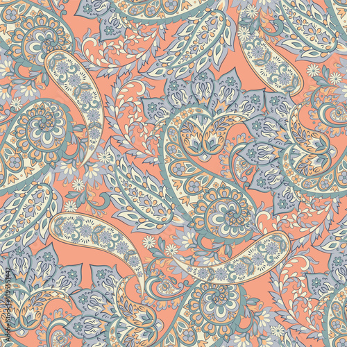 Seamless pattern based on traditional Asian elements Paisley. Traditional colorful seamless paisley vector pattern. Pattern for textile design or fabrics. Fashionable delicate design