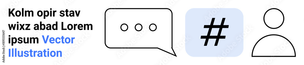 Fototapeta premium Speech bubble, metadata tag symbol, profile avatar, and placeholder text representing communication, social media, interaction, networking, online collaboration, modern design concepts simple