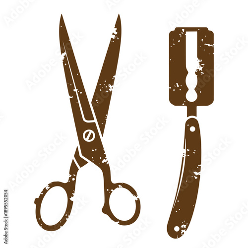 Vintage Grunge texture grooming tools for cutting and shaving  scissor and razor icons in brown color