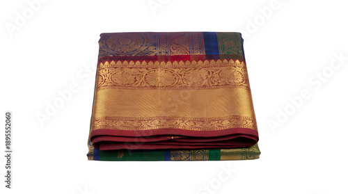 Stack of richly detailed, traditional South Indian silk sarees featuring heavy gold zari borders and intricate patterns.