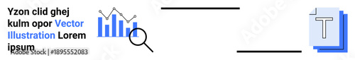 Data analytics, market research, information processing, content analysis, digital tools, statistics. Bar graph with magnifying glass and text document. Data analytics and market research concepts