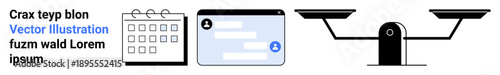 Business planning, scheduling, balance, communication, organization, productivity. Calendar, digital chat interface and balance scale icons. Business planning and scheduling concept