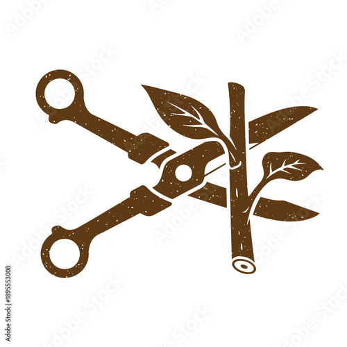 Vintage Grunge texture pruning shears cutting branch with leaves gardening tool isolated on white background
