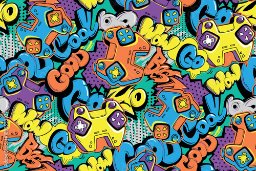 Seamless lettering pattern with cartoon gamepads, controllers and graffiti words in pop art comic style. Gaming print for sport fabric, streetwear, youth apparel, textile and wrapping paper.