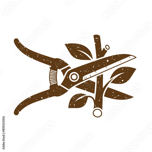 Vintage Grunge texture pruning shears cutting a leafy branch for gardening and gardening tools