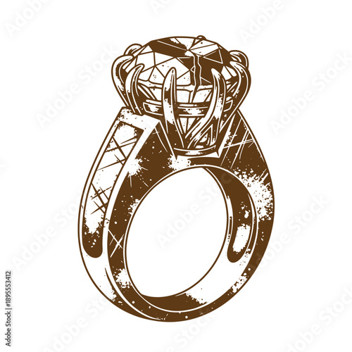 Vintage Grunge texture Vintage style illustration of a diamond ring with prongs and band  closeup view