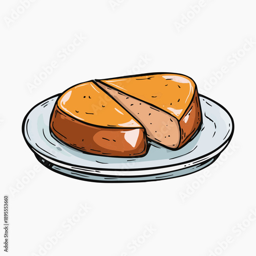 Vector cartoon illustration of a foie gras terrine with a slice cut out, served on a plate. Isolated drawing.