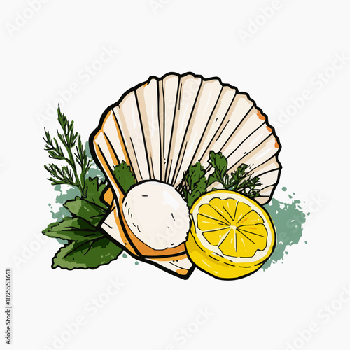 Fresh sea scallop with lemon slice and herbs. Hand-drawn cartoon vector illustration on white background.