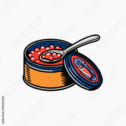 Cartoon vector illustration of red caviar in an open tin with a spoon and lid. Isolated icon.