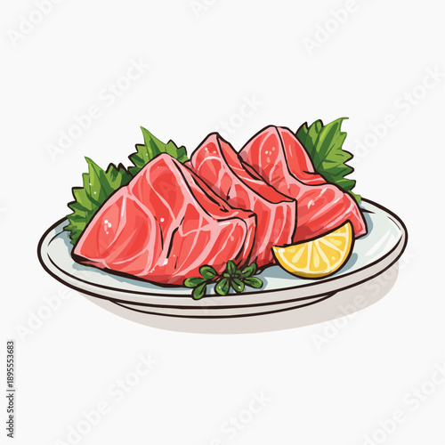 Vector illustration of fresh tuna sashimi on a plate with lemon and garnish