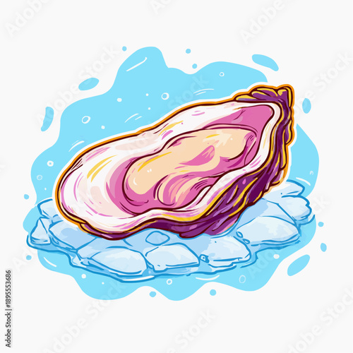 Vector illustration of a fresh oyster on a half shell served on ice.